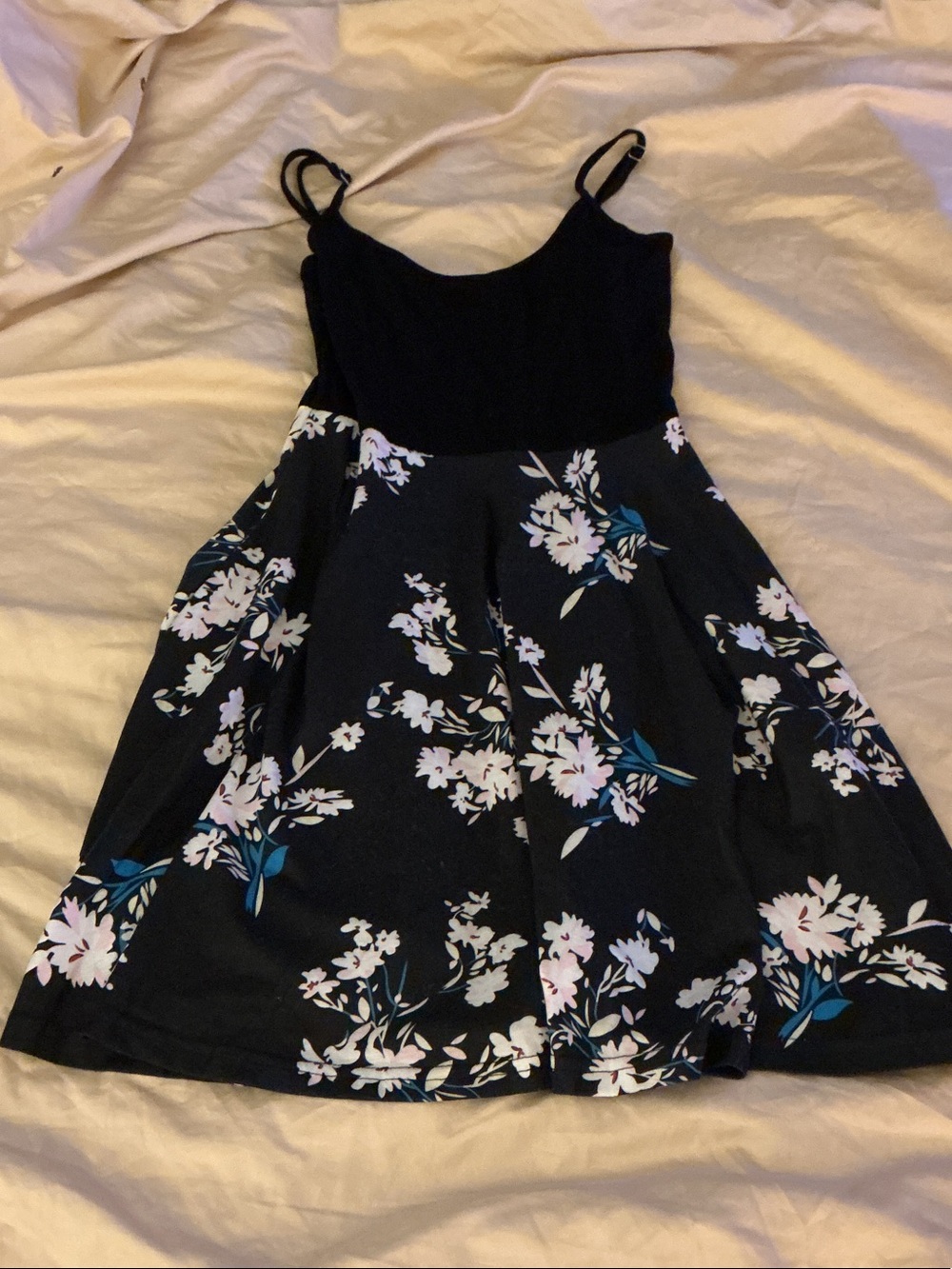 Black Floral Skater Dress with Spaghetti Straps